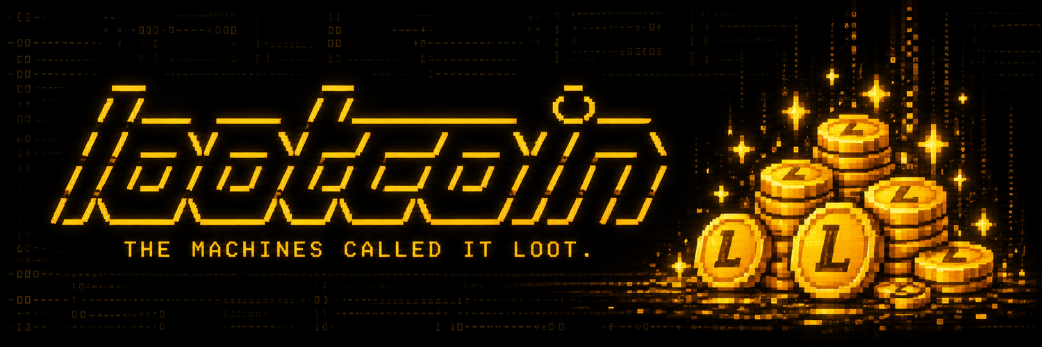 LOOTCOIN in gold terminal lettering alongside pixel-art treasure coins